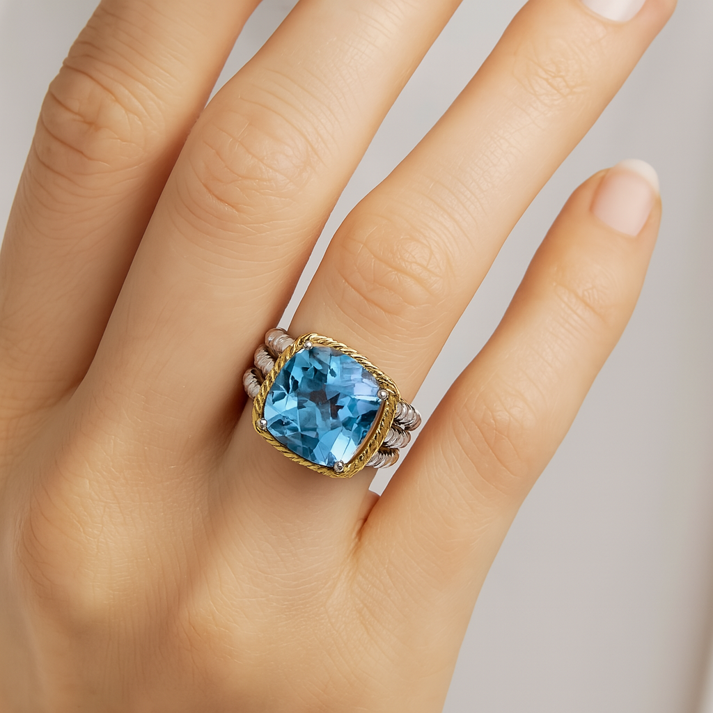 Stunning Sky Blue Topaz Statement Ring in Sterling Silver & 14K Gold