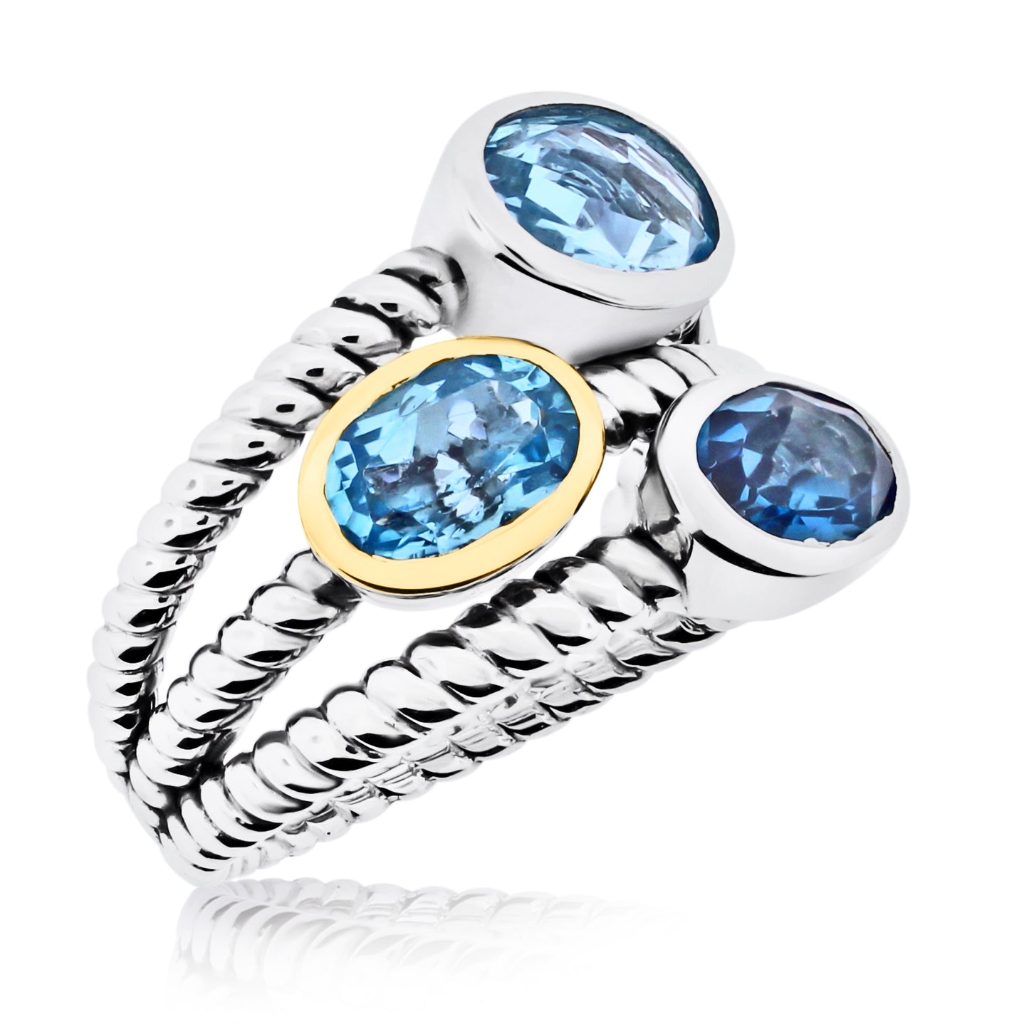 Three-Stone Blue Topaz Ring – Sterling Silver & 14K Yellow Gold