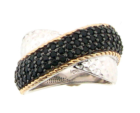 Sterling Silver and 14K Gold Black Spinel Ring – Hammered Crossover Statement Band