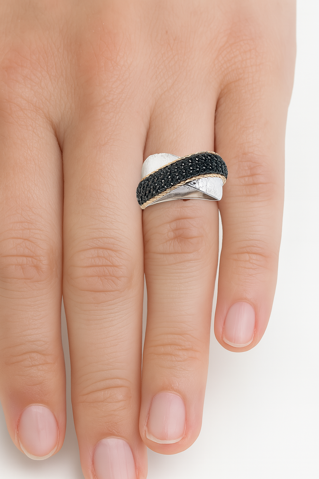 Sterling Silver and 14K Gold Black Spinel Ring – Hammered Crossover Statement Band