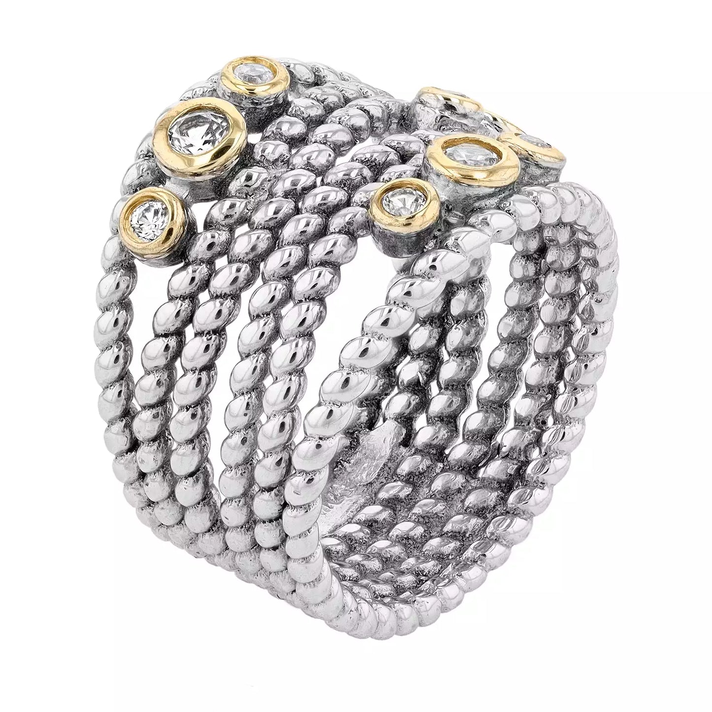 Meredith Leigh Luxurious Lab-Created White Sapphire Multi-Band Statement Ring in Sterling Silver & 14K Gold
