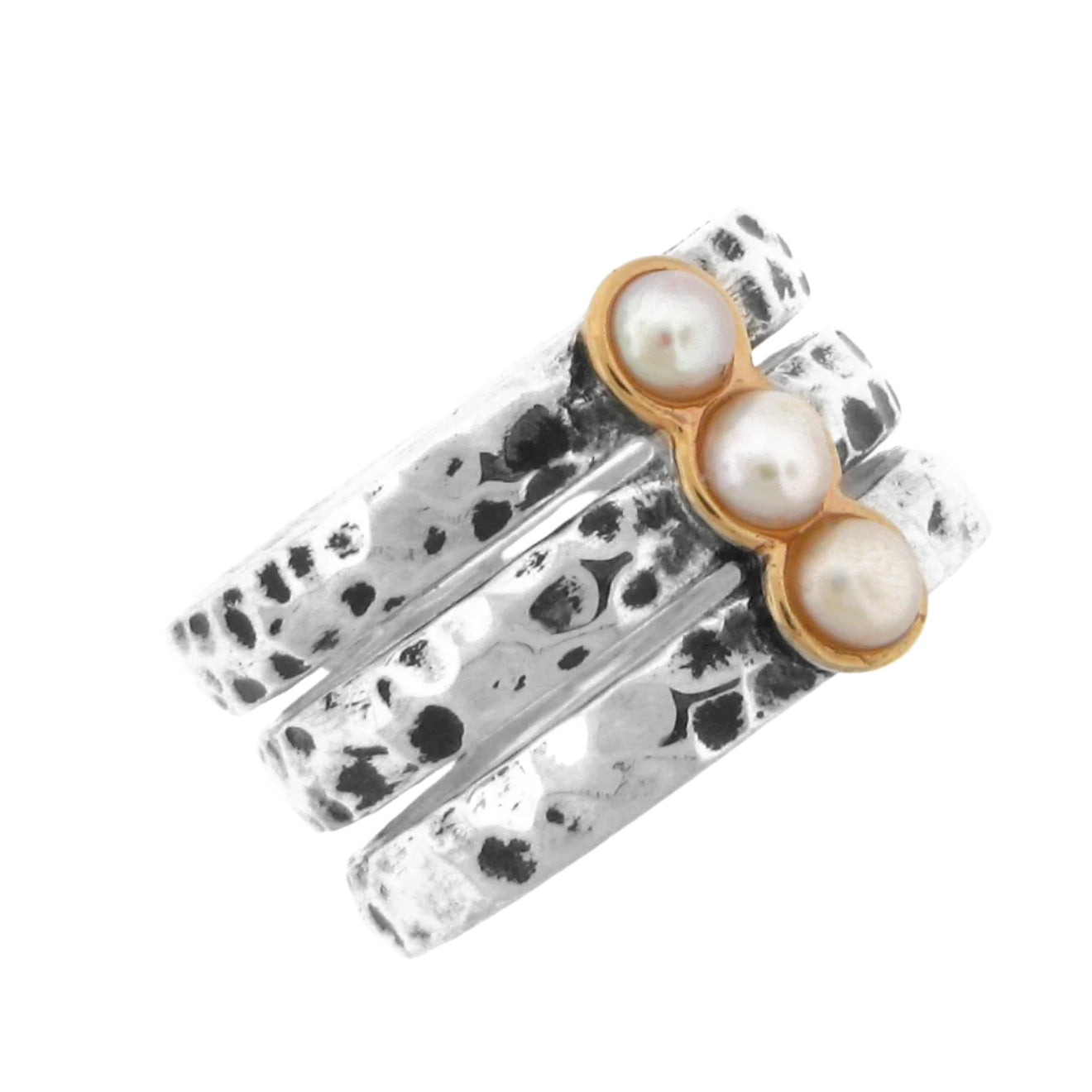 pearl-stackable-ring-set-hammered-silver-gold-bezel-meredith-leigh