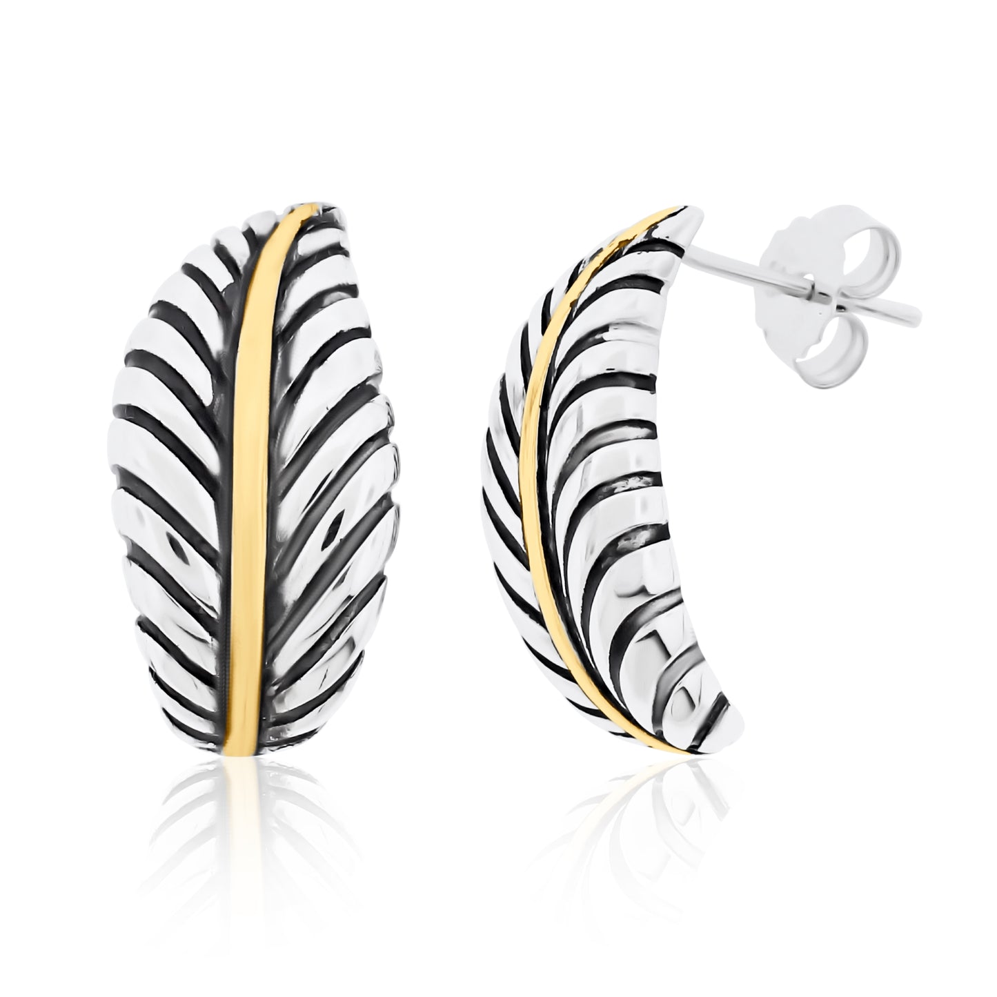 Sterling silver feather stud earrings with oxidized detailing and 14K yellow gold center spine accents on posts