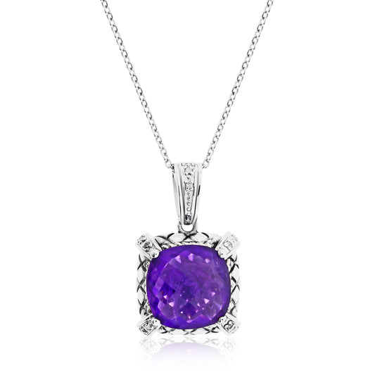 Cushion-cut amethyst briolette & Diamond pendant in textured sterling silver setting with 14K gold accents on cable chain necklace