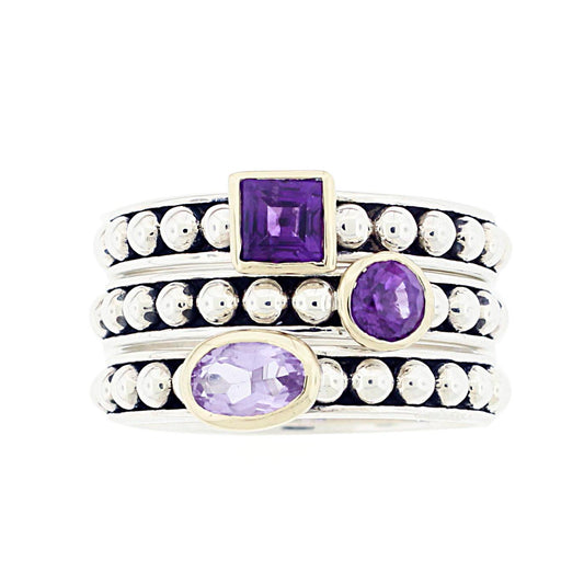 Meredith Leigh Amethyst Triple Stack Ring Set in Sterling Silver with Gold-Plated Bezels