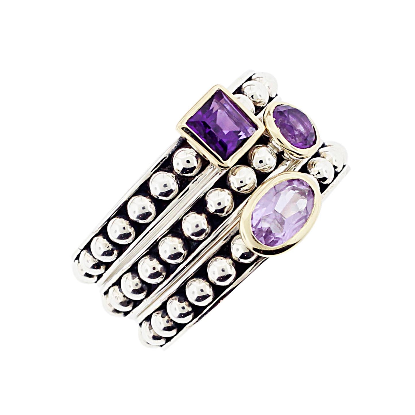 Meredith Leigh Amethyst Triple Stack Ring Set in Sterling Silver with Gold-Plated Bezels