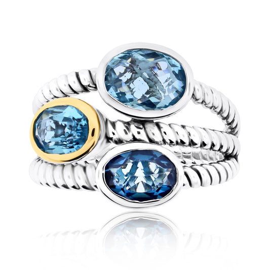Three-Stone Blue Topaz Ring – Sterling Silver & 14K Yellow Gold