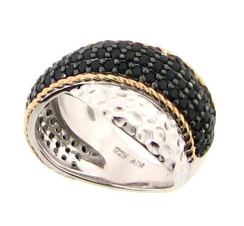 Sterling Silver and 14K Gold Black Spinel Ring – Hammered Crossover Statement Band