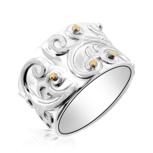 Meredith Leigh Ornate Scroll Filigree Wide Band Ring in Sterling Silver with Gold Accents