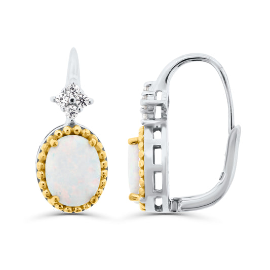 Meredith Leigh Lab-Created Opal Leverback Drop Earrings in Sterling Silver with Gold-Plated Bezels