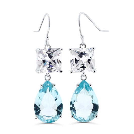 Sterling silver drop earrings featuring princess-cut clear cubic zirconia squares above pear-shaped sky blue cubic zirconia stones on French hook wires