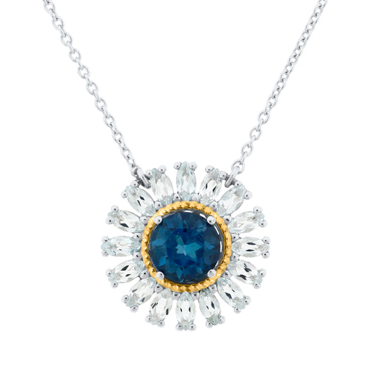 Sterling silver pendant necklace with round London blue topaz center in 14K gold rope bezel surrounded by marquise aquamarine sunburst halo