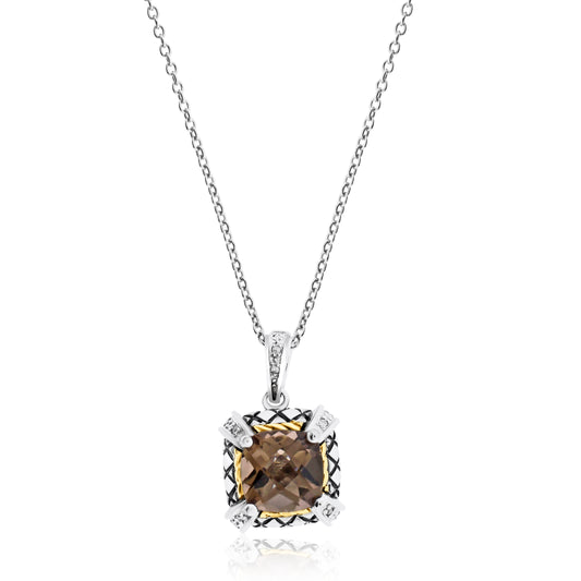 8mm cushion smoky quartz pendant with rope-twist sterling silver frame and gold-plated highlights on cable chain necklace