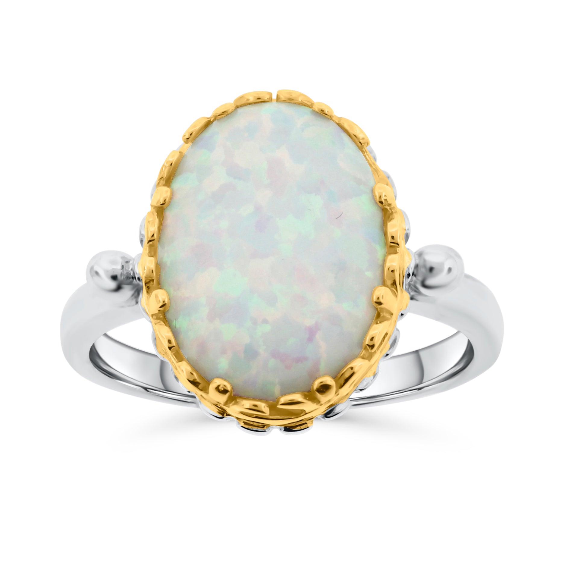 Sterling silver ring featuring oval lab-created white opal in decorative gold bezel with beaded band details
