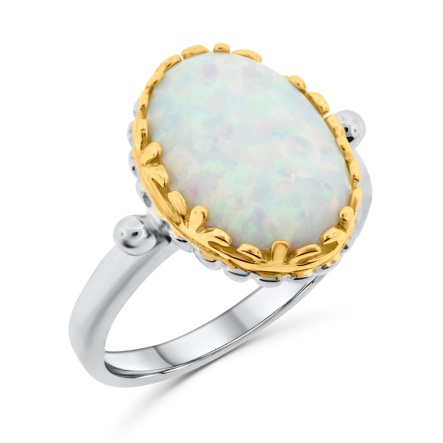 Lab-created opal statement ring with play-of-color in mixed metal crown setting on polished silver band
