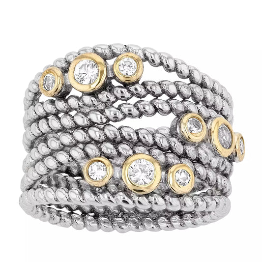 Meredith Leigh Luxurious Lab-Created White Sapphire Multi-Band Statement Ring in Sterling Silver &amp; 14K Gold