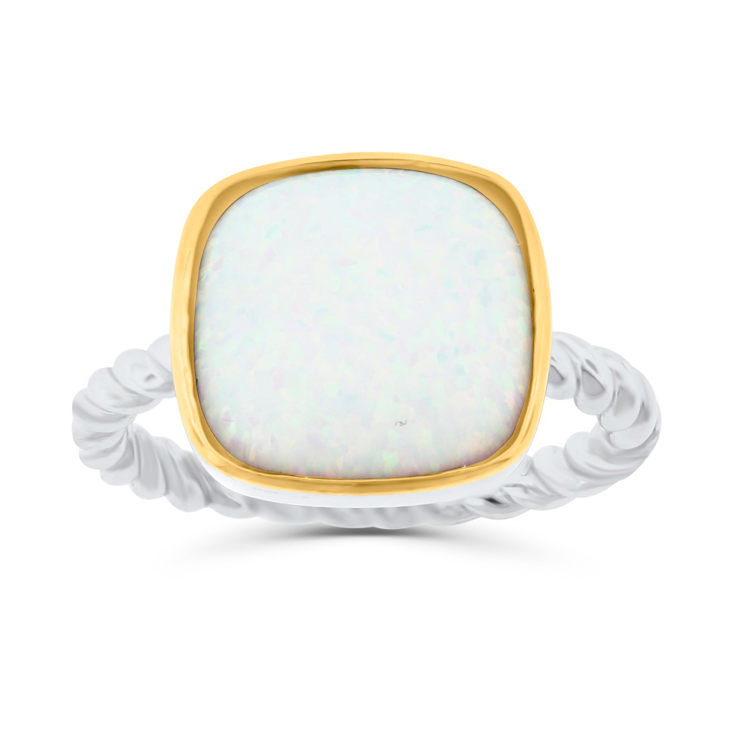 Meredith Leigh Lab-Created Opal Twisted Rope Ring in Sterling Silver with Gold-Plated Bezel