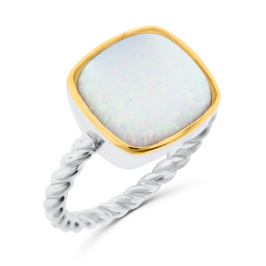 Meredith Leigh Lab-Created Opal Twisted Rope Ring in Sterling Silver with Gold-Plated Bezel