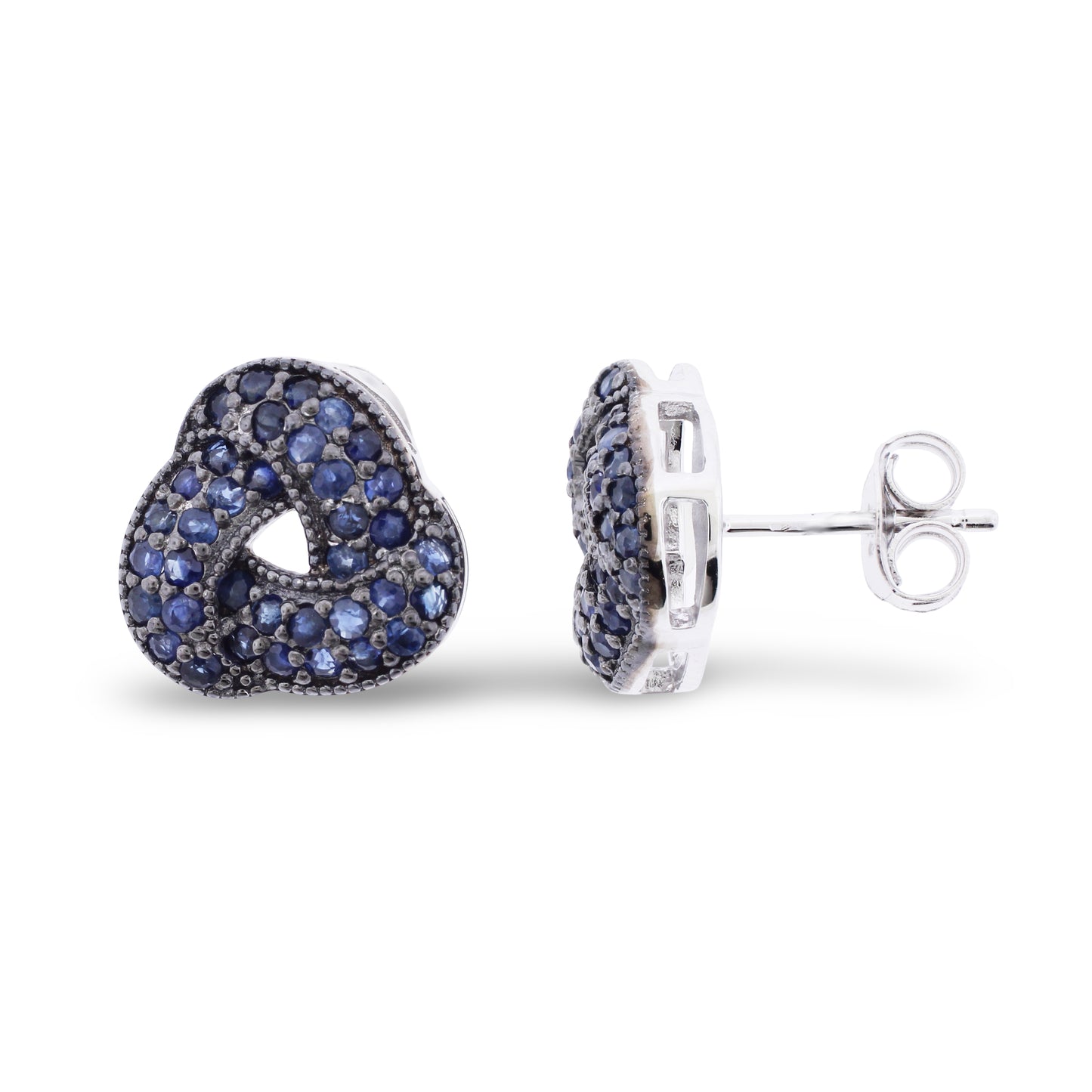 Sterling silver knot-shaped stud earrings with pavé-set blue sapphires covering the twisted design with post and butterfly backs