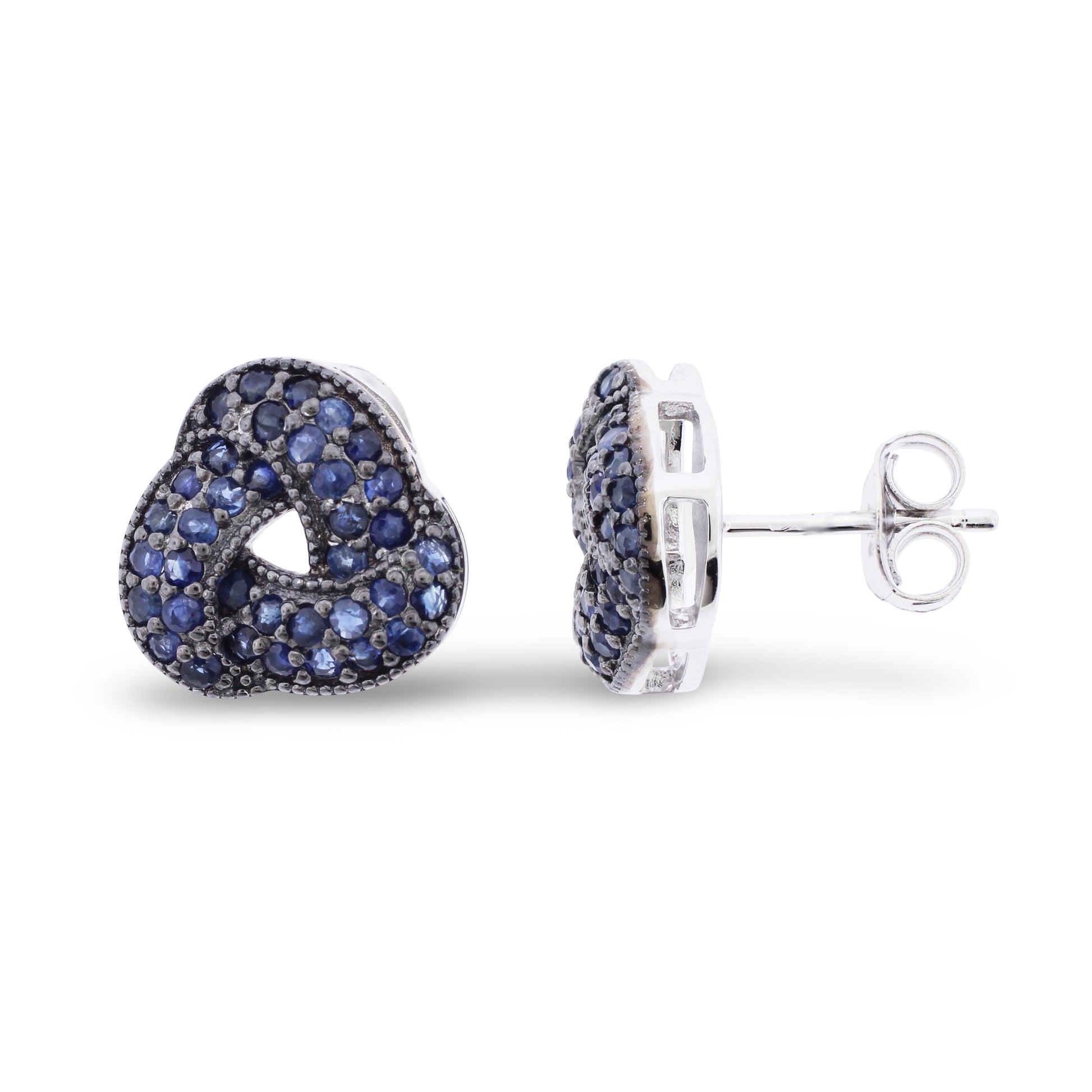 Sterling silver knot-shaped stud earrings with pavé-set blue sapphires covering the twisted design with post and butterfly backs