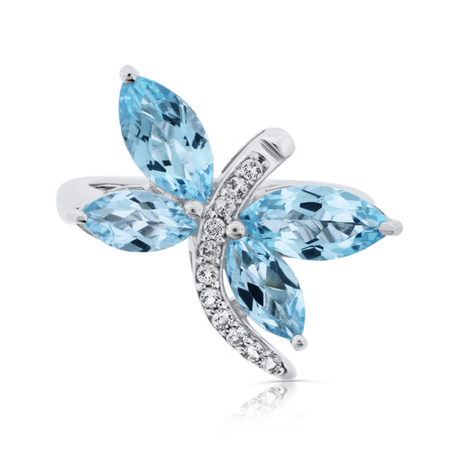 Sterling silver dragonfly bypass ring with four marquise blue topaz stones forming wings and white stone accents along curved band