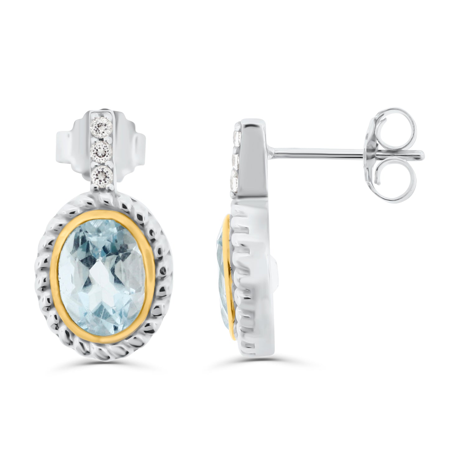 Sterling silver drop earrings with oval sky blue topaz in gold-plated bezels, rope-twist frames, and white topaz accent details