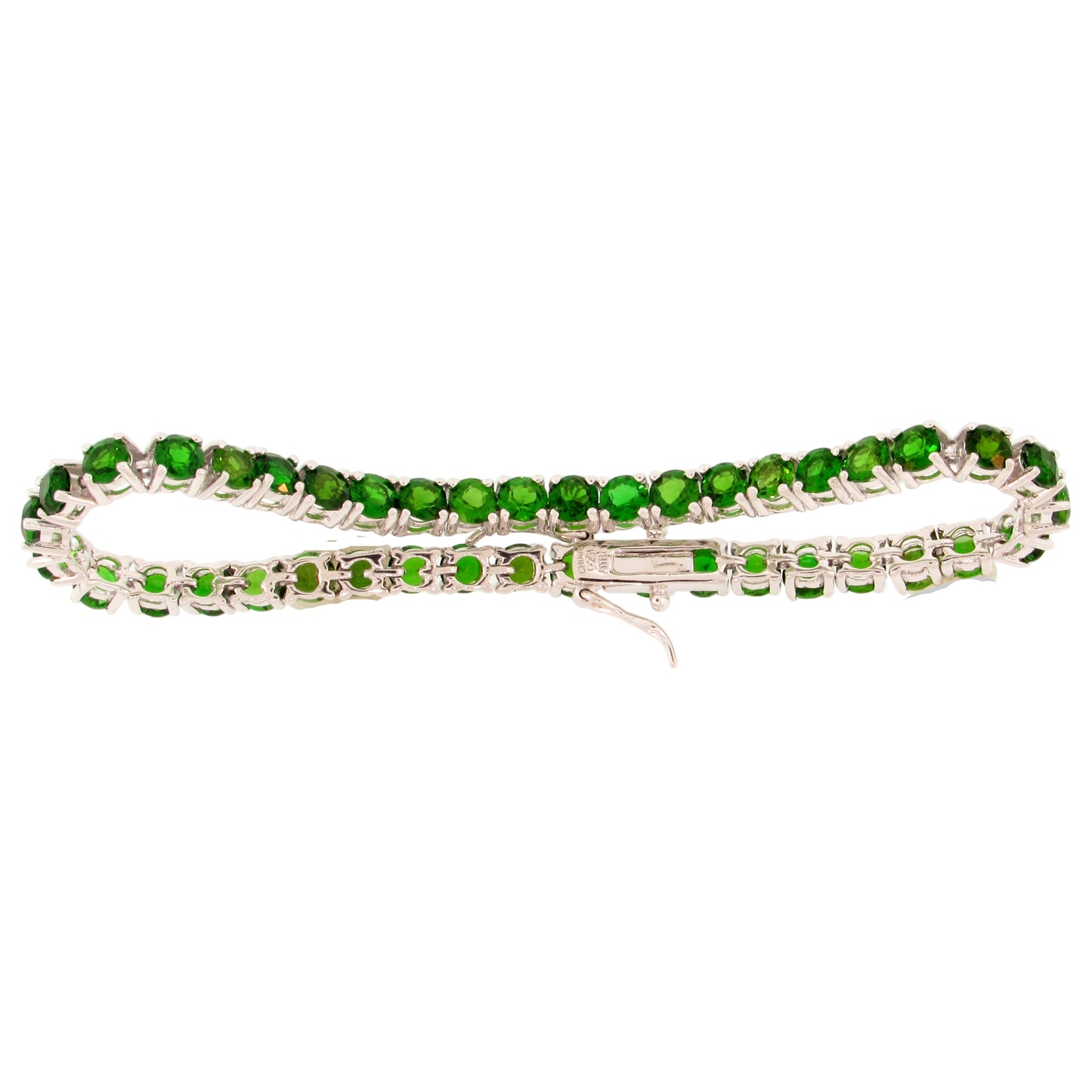 Sterling silver tennis bracelet featuring 41 round chrome diopside stones in 4mm size with secure clasp closure