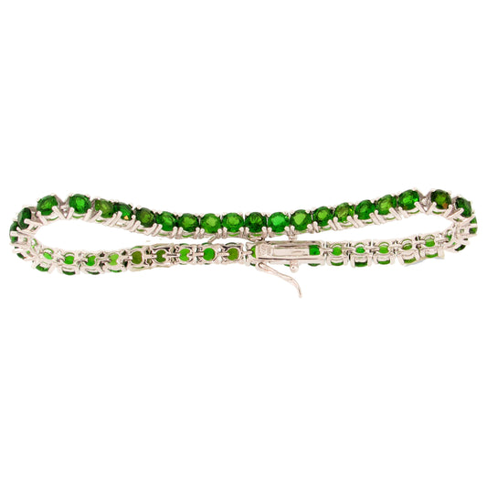 Sterling silver tennis bracelet featuring 41 round chrome diopside stones in 4mm size with secure clasp closure