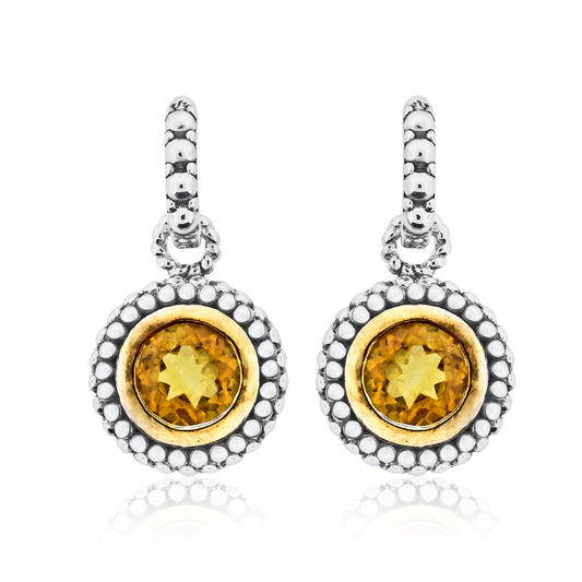 Sterling silver textured hoop earrings with gold-plated bezels holding round citrine stones and beaded detail accents