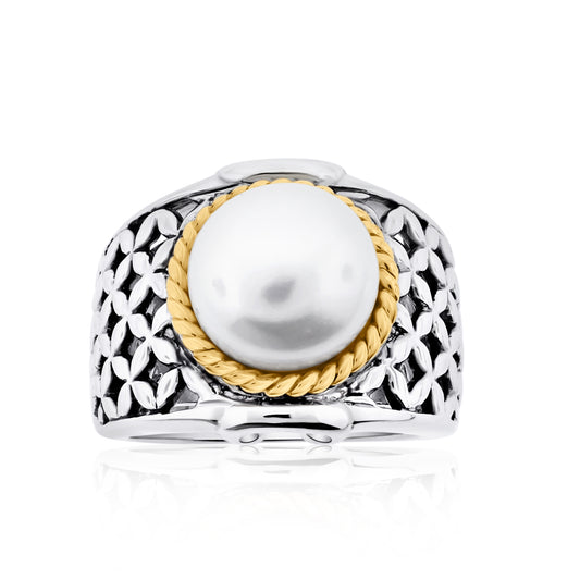 Sterling silver wide band ring with 10mm freshwater pearl centered in gold-plated rope bezel and textured quatrefoil pattern sides