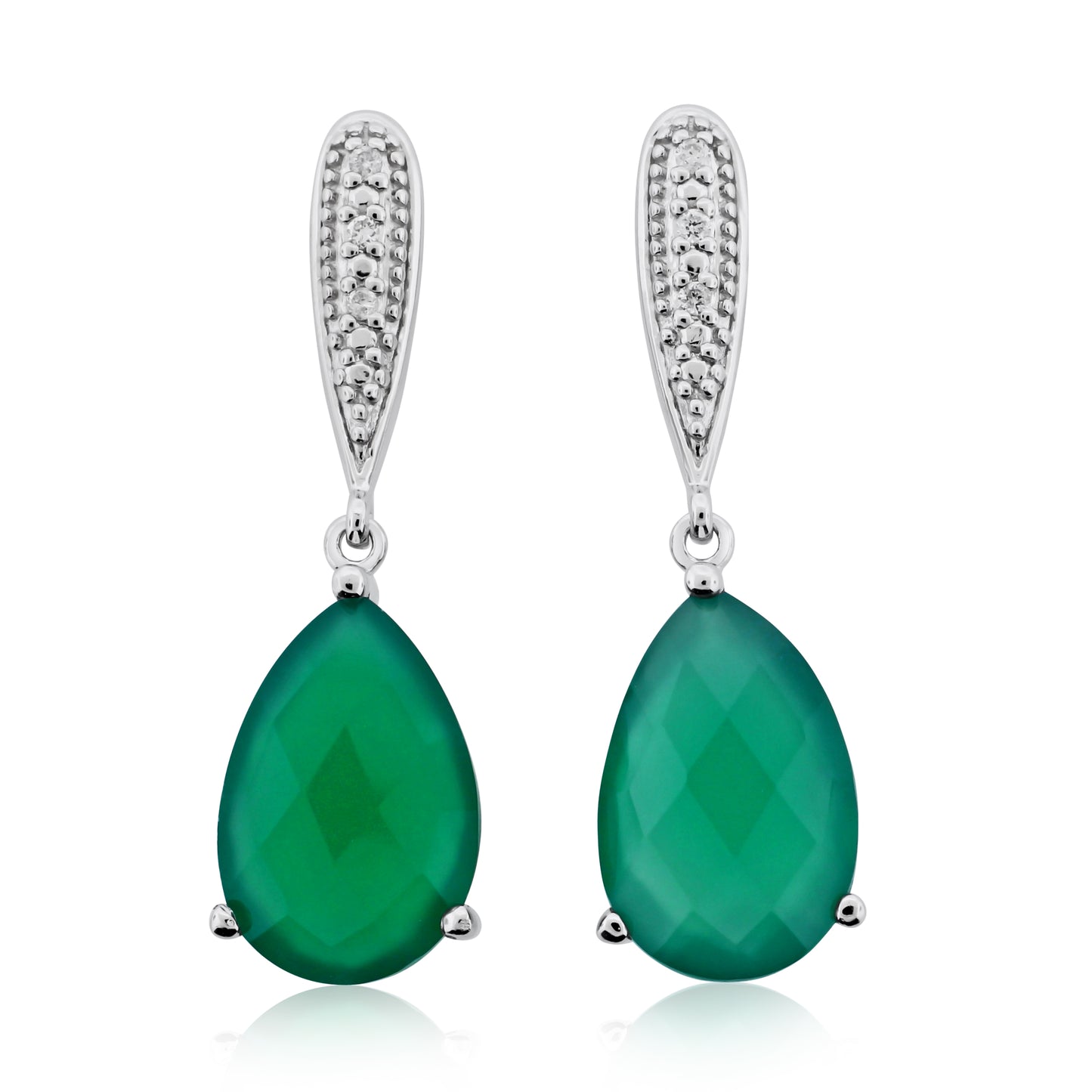 Sterling silver drop earrings featuring large pear-shaped green onyx stones with pavé-set white stone accents on elongated posts