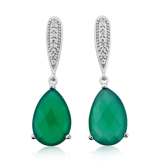 Sterling silver drop earrings featuring large pear-shaped green onyx stones with pavé-set white stone accents on elongated posts