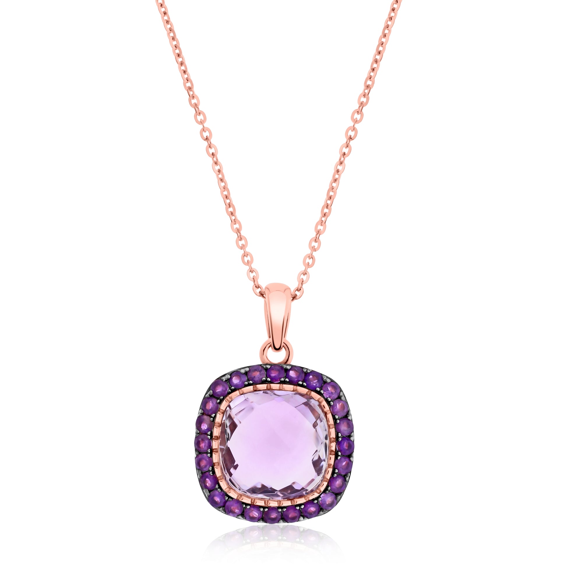 Rose gold plated sterling silver pendant necklace with cushion-cut pink amethyst center surrounded by round amethyst halo on cable chain