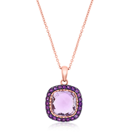 Rose gold plated sterling silver pendant necklace with cushion-cut pink amethyst center surrounded by round amethyst halo on cable chain