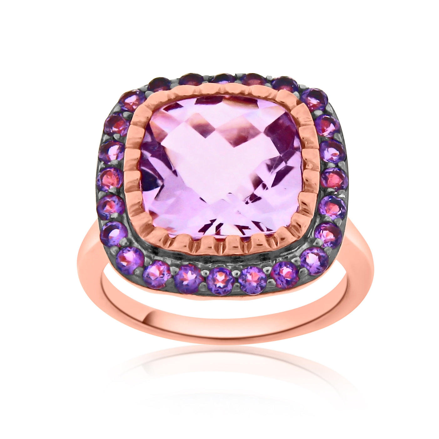 Rose gold plated sterling silver ring with cushion-cut pink amethyst center surrounded by purple amethyst halo with black rhodium accents