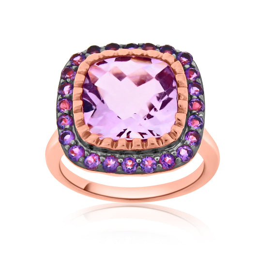 Rose gold plated sterling silver ring with cushion-cut pink amethyst center surrounded by purple amethyst halo with black rhodium accents