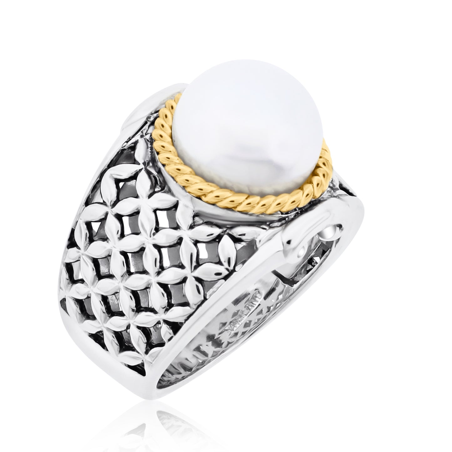 Freshwater pearl statement ring featuring textured sterling silver band with gold rope accent framing round white pearl