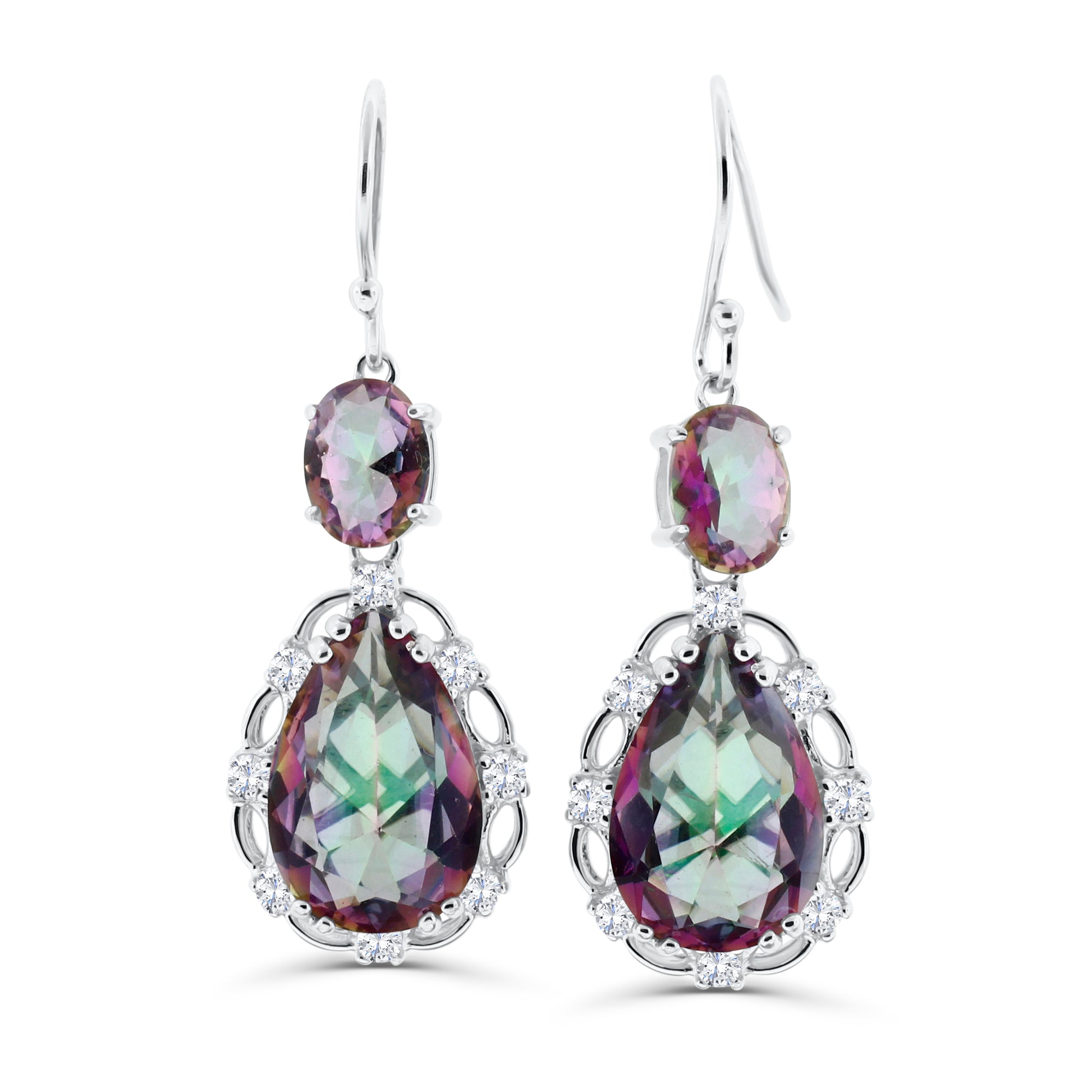 Sterling silver dangle earrings featuring pear-shaped and oval mystic quartz stones with cubic zirconia halo accents