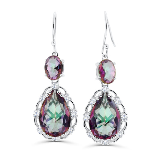 Sterling silver dangle earrings featuring pear-shaped and oval mystic quartz stones with cubic zirconia halo accents